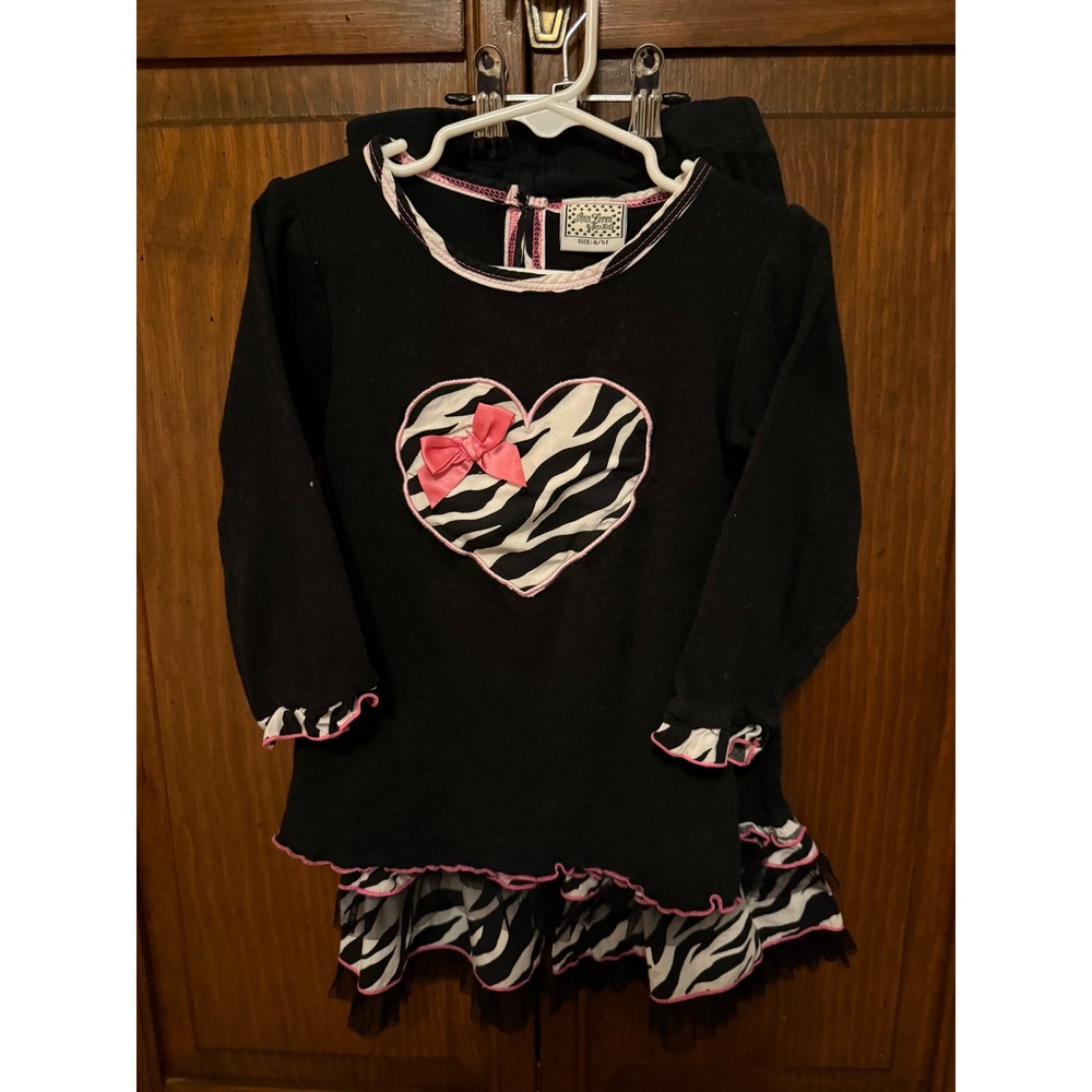 Ann Loren Girls Zebra Heart Ruffle Tunic and Pants Set Black Pink Size 4 5T